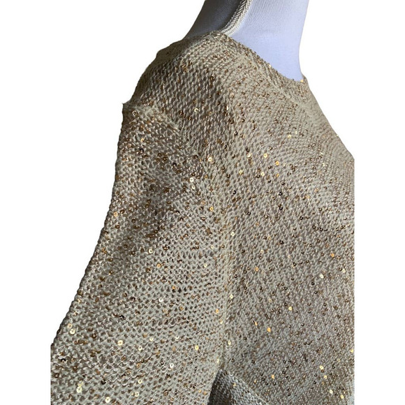 John Fashion Sweater Top Gold Sequin Long Sleeve Open Knit Sharkbite Sz L NEW - Picture 7 of 11